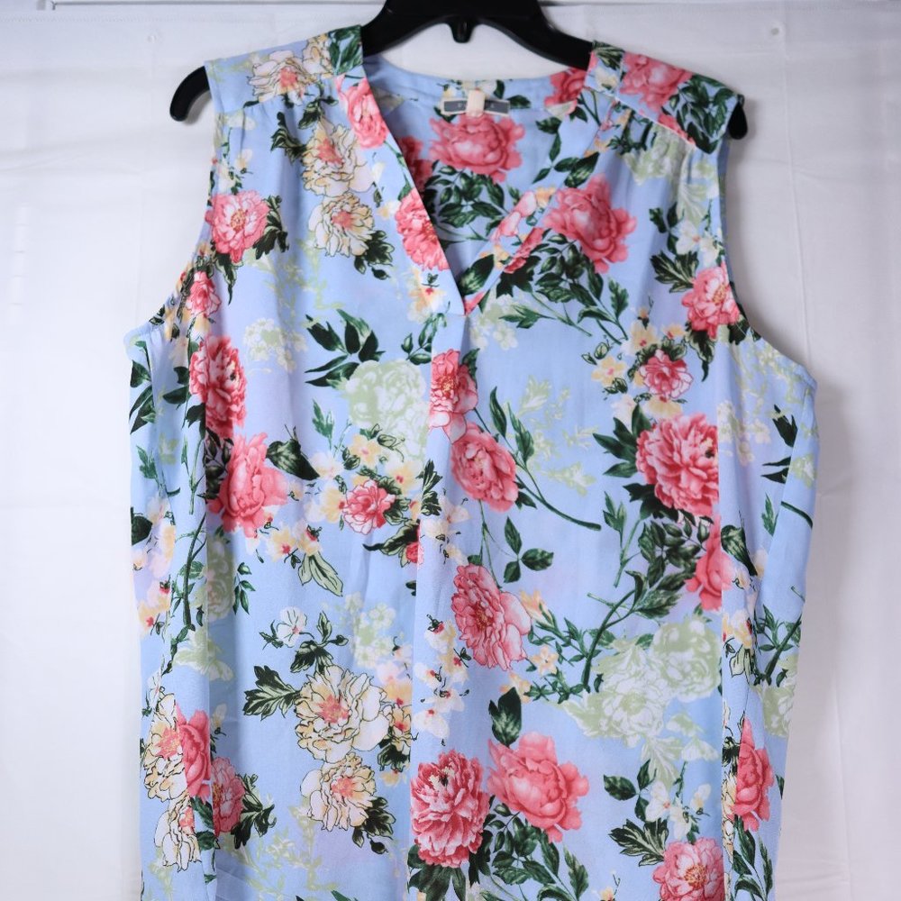 Pleione Large Pink and Blue Floral Short Sleave Blouse